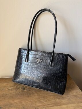 Prada Black Croc-Embossed Faux Shoulder Bag